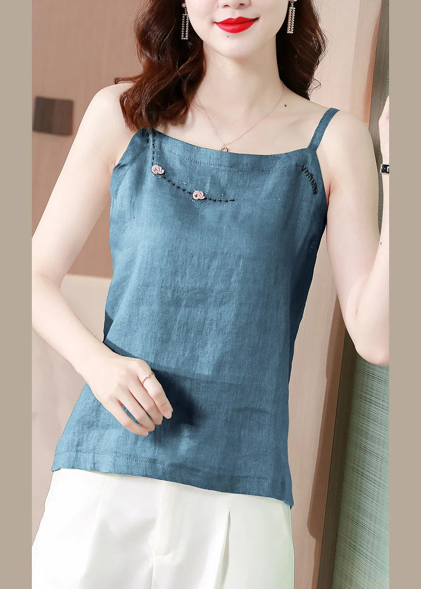 Chic Blue Embroideried Floral Tank Tops Summer - Image 2