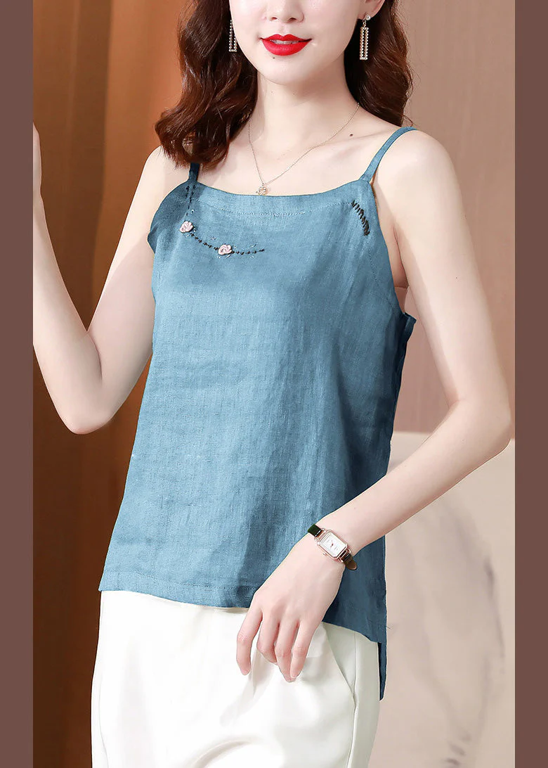 Chic Blue Embroideried Floral Tank Tops Summer - Image 3
