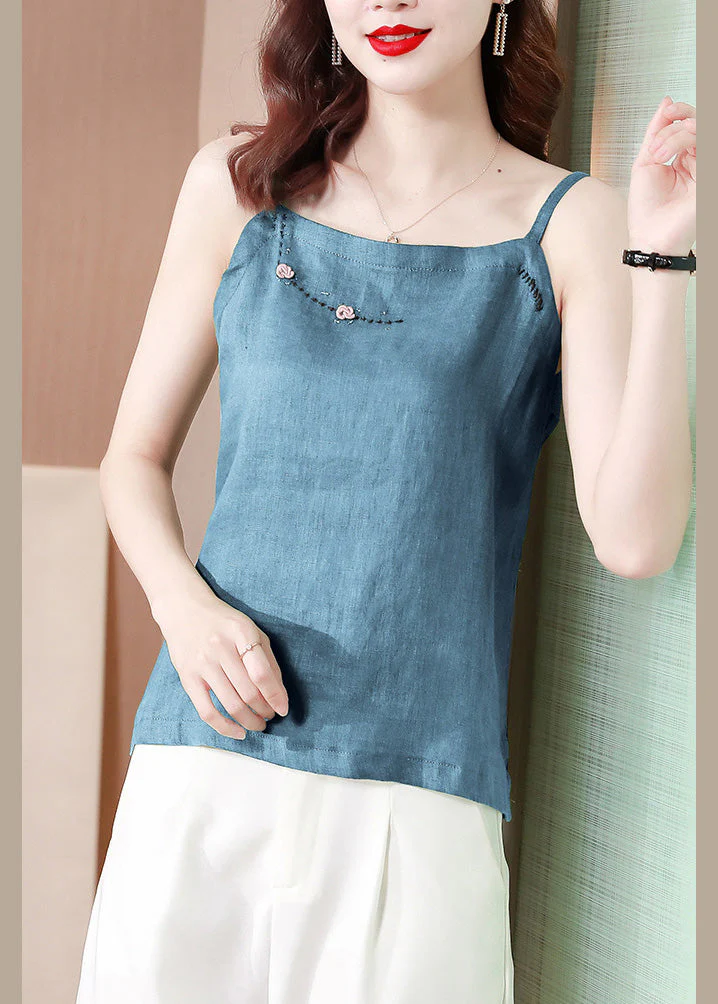 Chic Blue Embroideried Floral Tank Tops Summer - Image 4