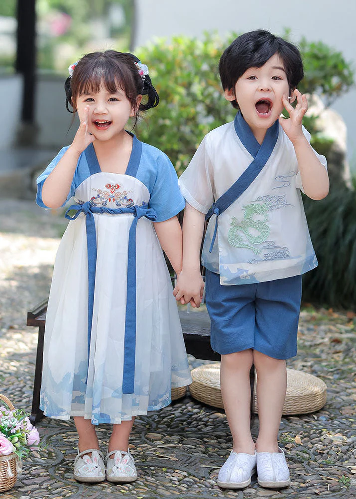 Chic Blue Embroideried Patchwork Cotton Baby Girls Dress Summer - Image 2