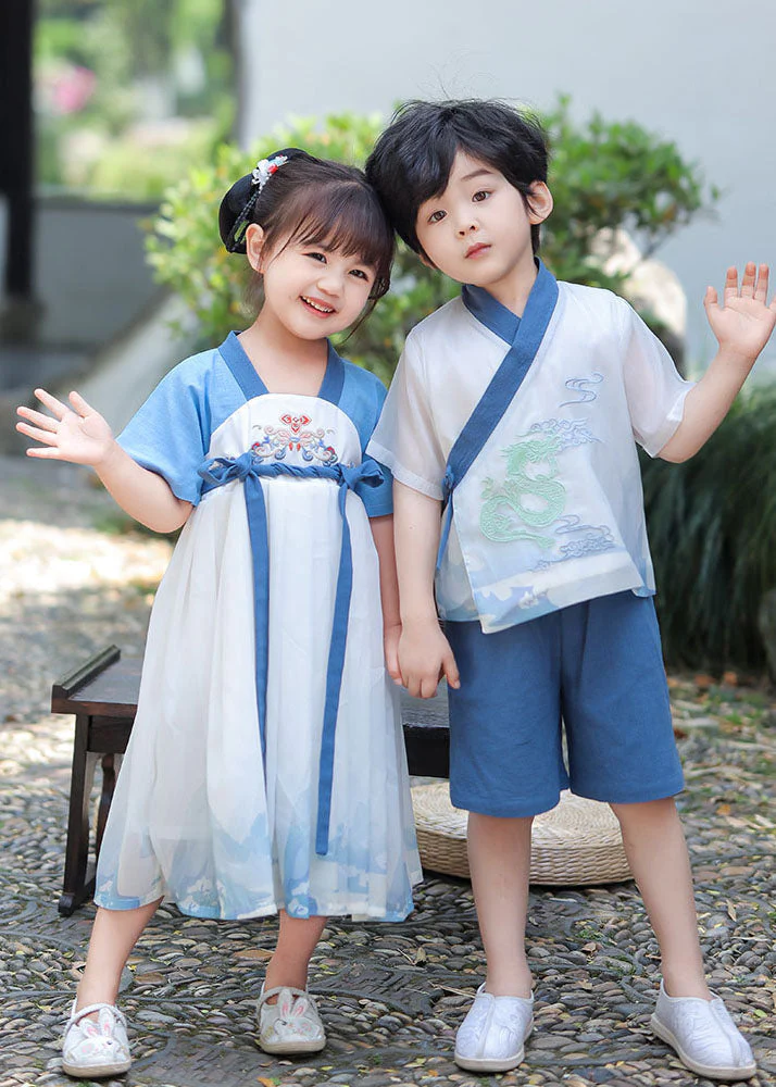 Chic Blue Embroideried Patchwork Cotton Baby Girls Dress Summer - Image 3