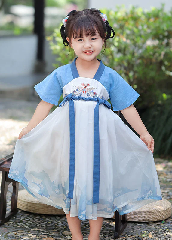 Chic Blue Embroideried Patchwork Cotton Baby Girls Dress Summer - Image 4