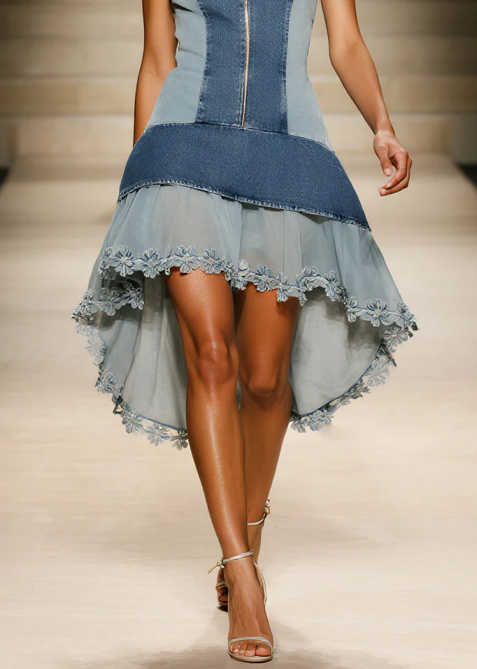Chic Blue Floral Tulle Denim Spaghetti Strap Dress Summer - Image 4