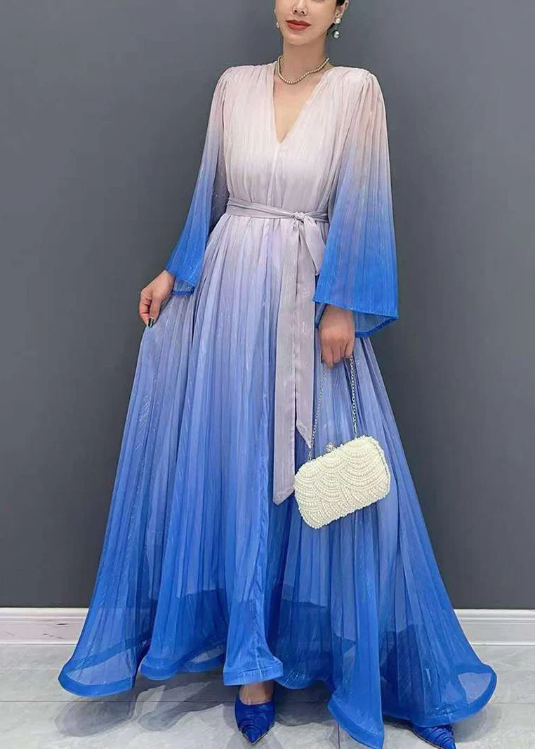Chic Blue Gradient Color V Neck Wrinkled Long Dress Flare Sleeve - Image 3