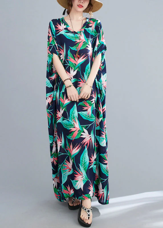 Chic Blue Green V Neck Print Cotton Party Maxi Dress Summer - Image 2