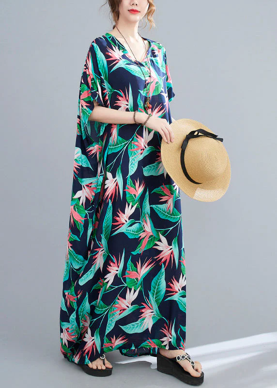 Chic Blue Green V Neck Print Cotton Party Maxi Dress Summer - Image 5