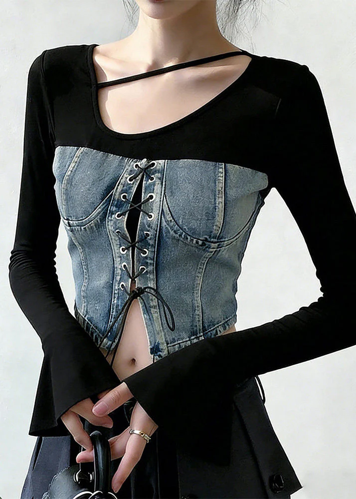 Chic Blue Lace Up Patchwork Denim T Shirts Flare Sleeve - Image 3