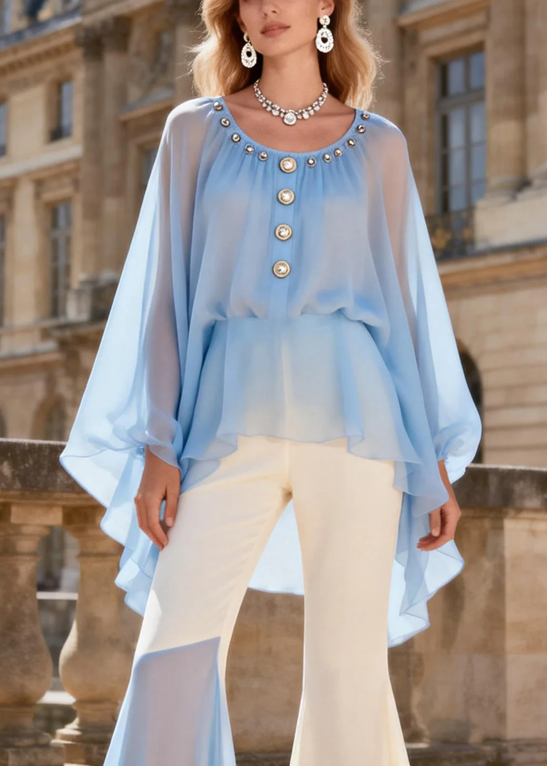 Chic Blue O-Neck Nail Bead Chiffon Shirts And Flared Trousers Two Pieces Set Lantern Sleeve - Image 2