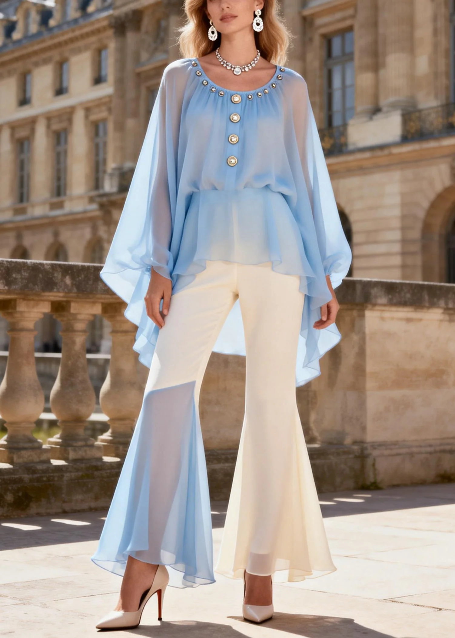 Chic Blue O-Neck Nail Bead Chiffon Shirts And Flared Trousers Two Pieces Set Lantern Sleeve - Image 5