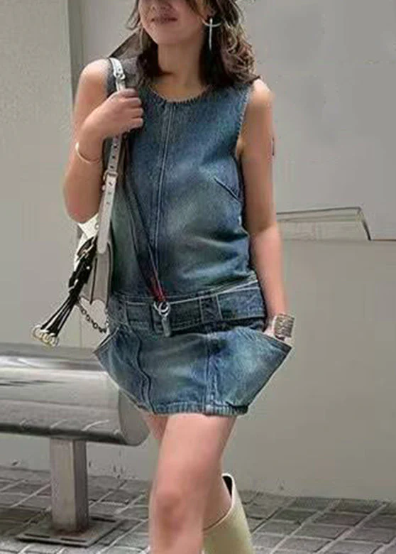 Chic Blue O-Neck Patchwork Sashes Denim Mid Dress Sleeveless - Image 2