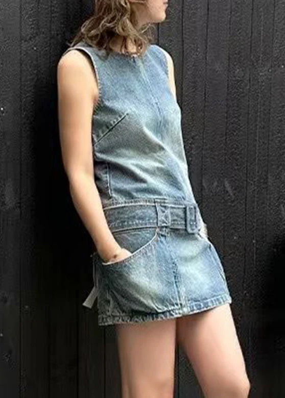 Chic Blue O-Neck Patchwork Sashes Denim Mid Dress Sleeveless - Image 3