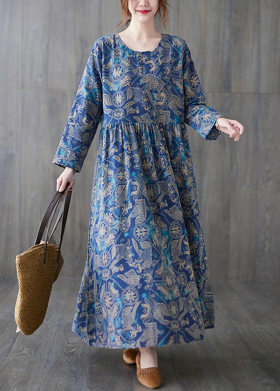 Chic Blue O-Neck Print Patchwork Long Dress Summer - Image 2