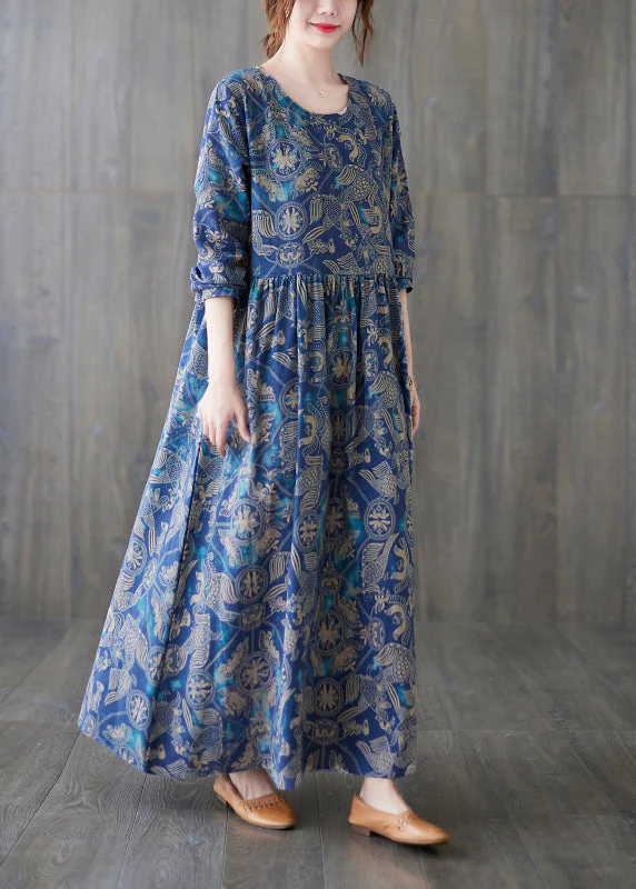 Chic Blue O-Neck Print Patchwork Long Dress Summer - Image 3