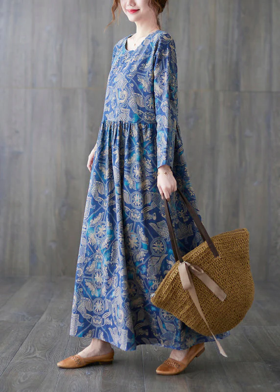 Chic Blue O-Neck Print Patchwork Long Dress Summer - Image 4