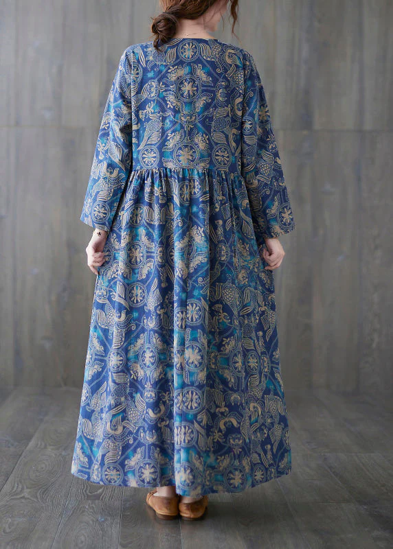 Chic Blue O-Neck Print Patchwork Long Dress Summer - Image 5