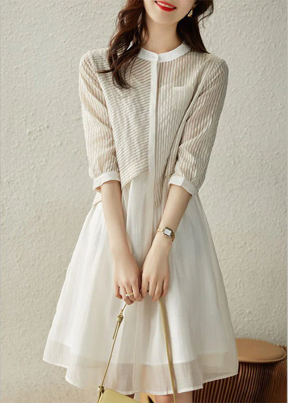 Chic Blue O-Neck Striped Patchwork Fake Two Pieces Button Long Dress Summer - Image 2