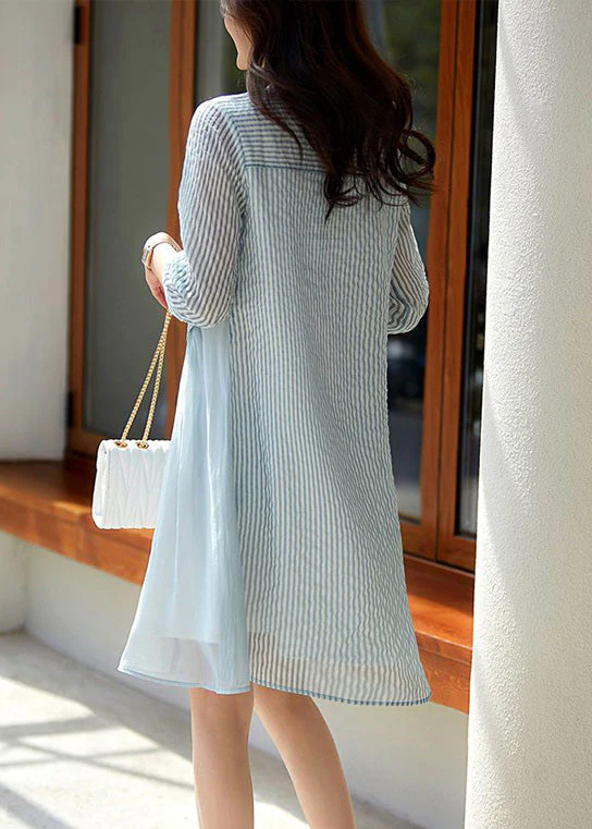 Chic Blue O-Neck Striped Patchwork Fake Two Pieces Button Long Dress Summer - Image 3