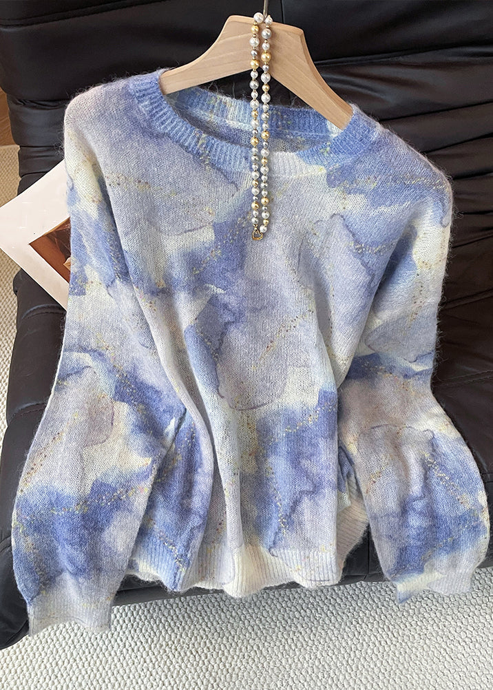 Chic Blue O Neck Tie Dye Knit Sweater Fall - Image 2