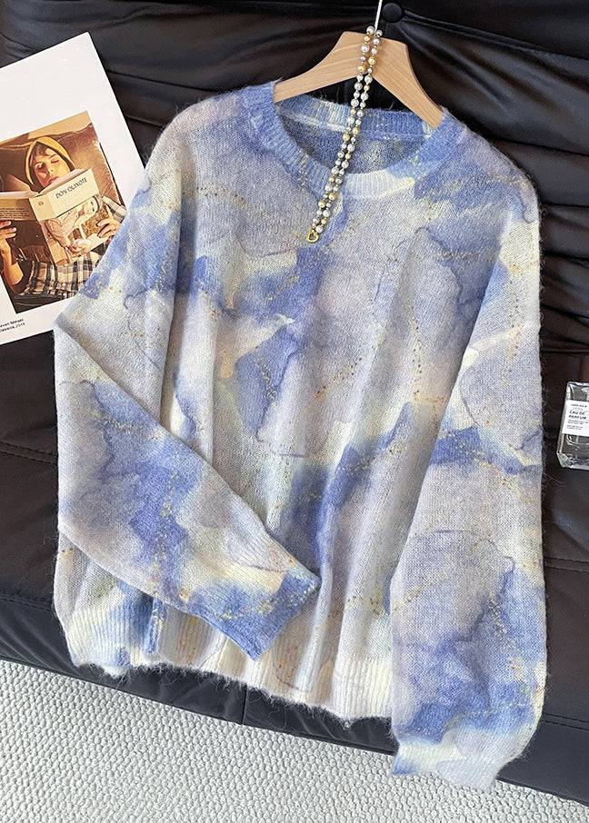 Chic Blue O Neck Tie Dye Knit Sweater Fall - Image 3