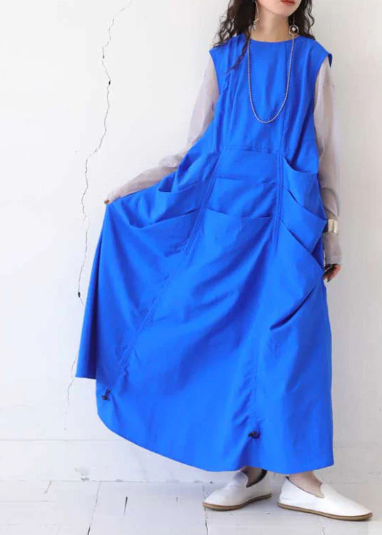 Chic Blue Oversized Wrinkled Cotton Vacation Dresses Sleeveless - Image 2