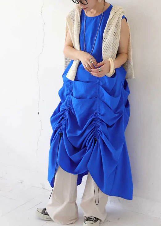 Chic Blue Oversized Wrinkled Cotton Vacation Dresses Sleeveless - Image 3