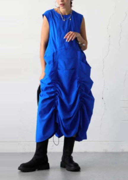 Chic Blue Oversized Wrinkled Cotton Vacation Dresses Sleeveless - Image 4