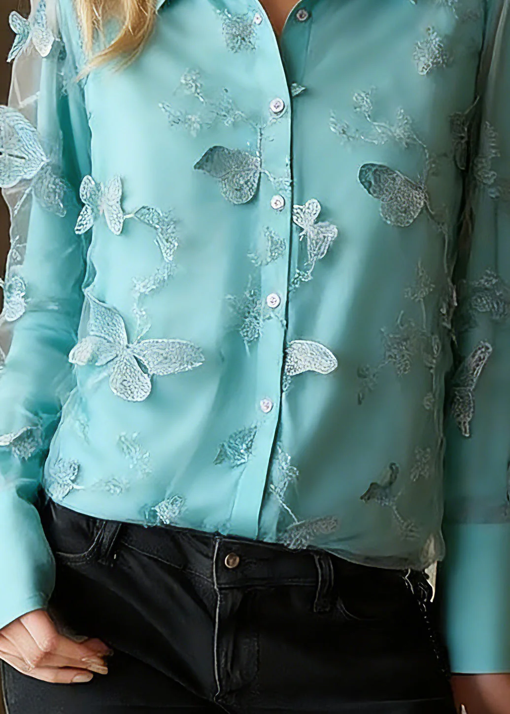 Chic Blue Peter Pan Collar Butterfly Tulle Shirts Spring - Image 4