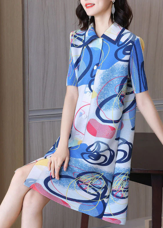 Chic Blue Peter Pan Collar Print Button Wrinkled Shirt Dress Short Sleeve - Image 2