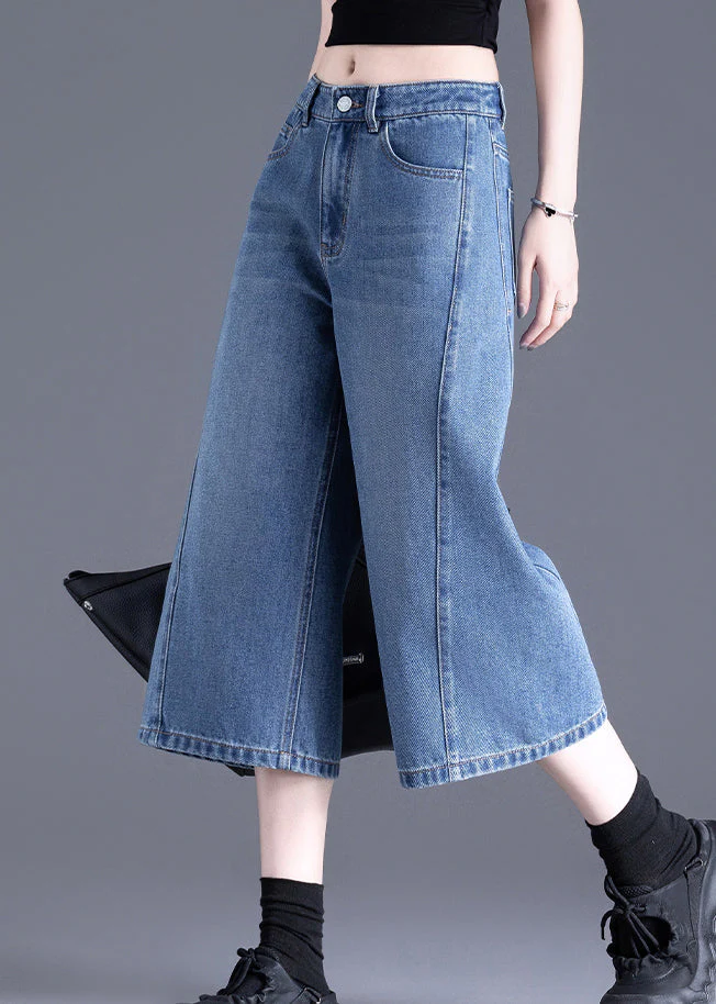 Chic Blue Pockets Denim Crop Pants Summer - Image 2