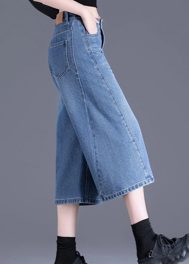 Chic Blue Pockets Denim Crop Pants Summer - Image 3