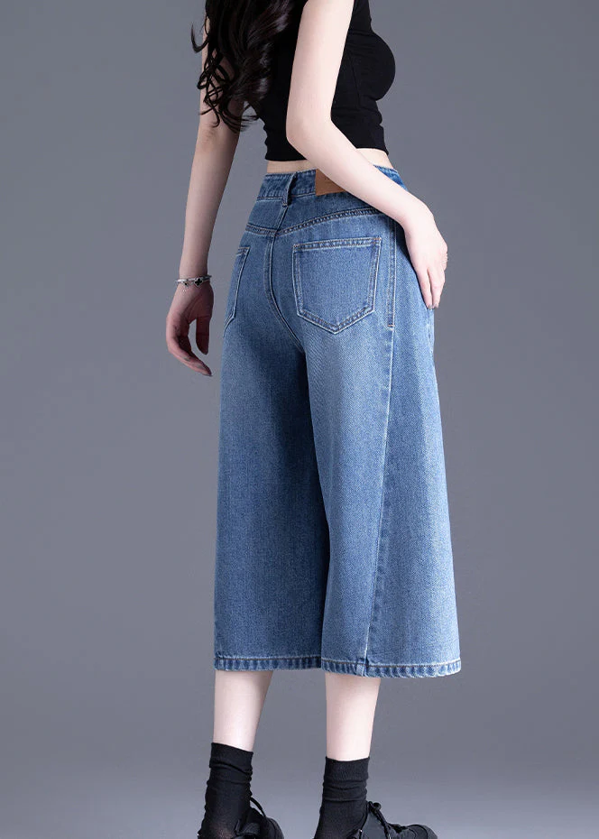 Chic Blue Pockets Denim Crop Pants Summer - Image 4