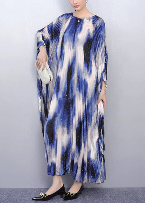 Chic Blue Print Oversized Long Dresses Batwing Sleeve - Image 2