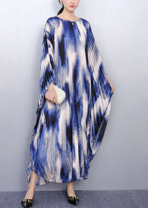 Chic Blue Print Oversized Long Dresses Batwing Sleeve - Image 3