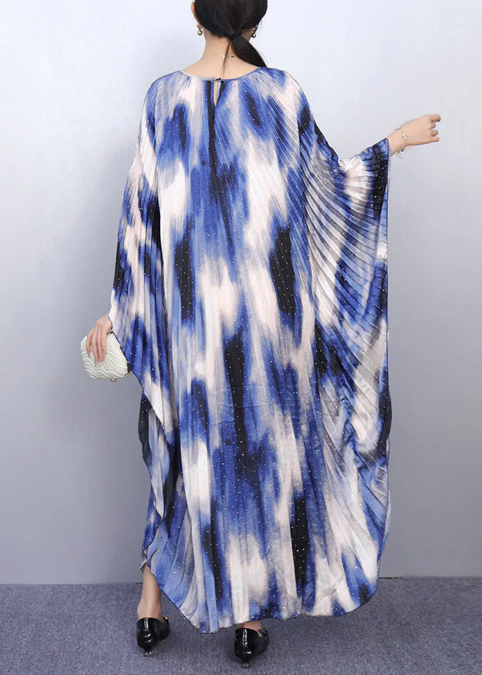 Chic Blue Print Oversized Long Dresses Batwing Sleeve - Image 5