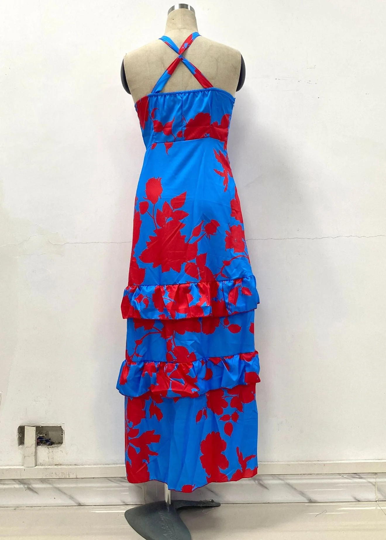 Chic Blue Print Side Open Cotton Ankle Dress Sleeveless - Image 4