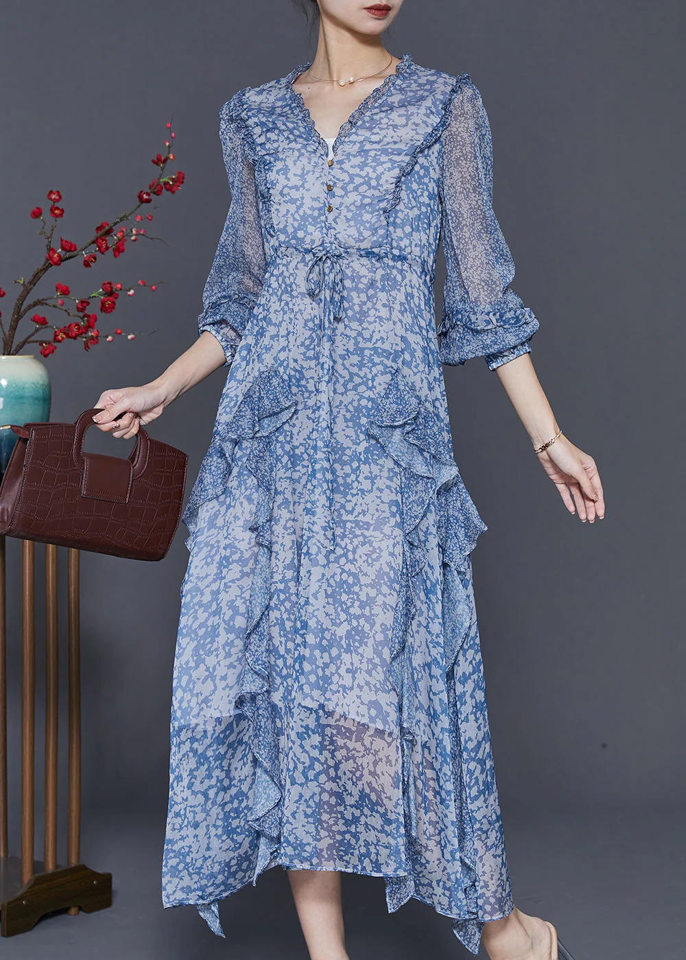Chic Blue Ruffled Patchwork Print Chiffon Cinched Dress Spring - Image 2