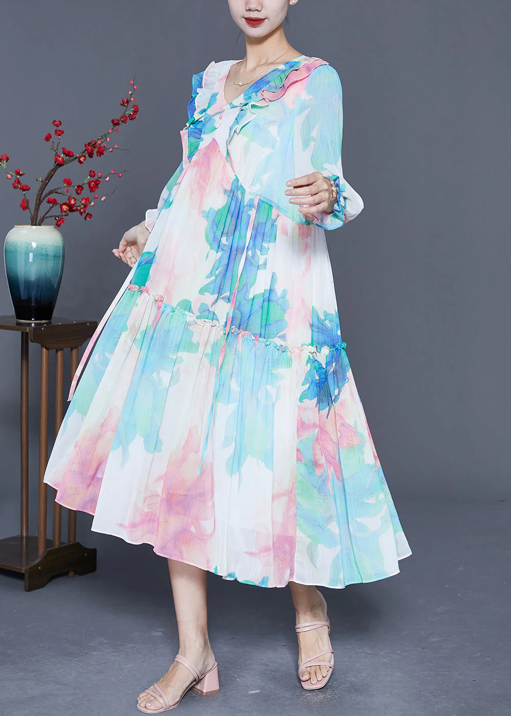 Chic Blue Ruffled Patchwork Print Chiffon Holiday Dresses Summer - Image 2