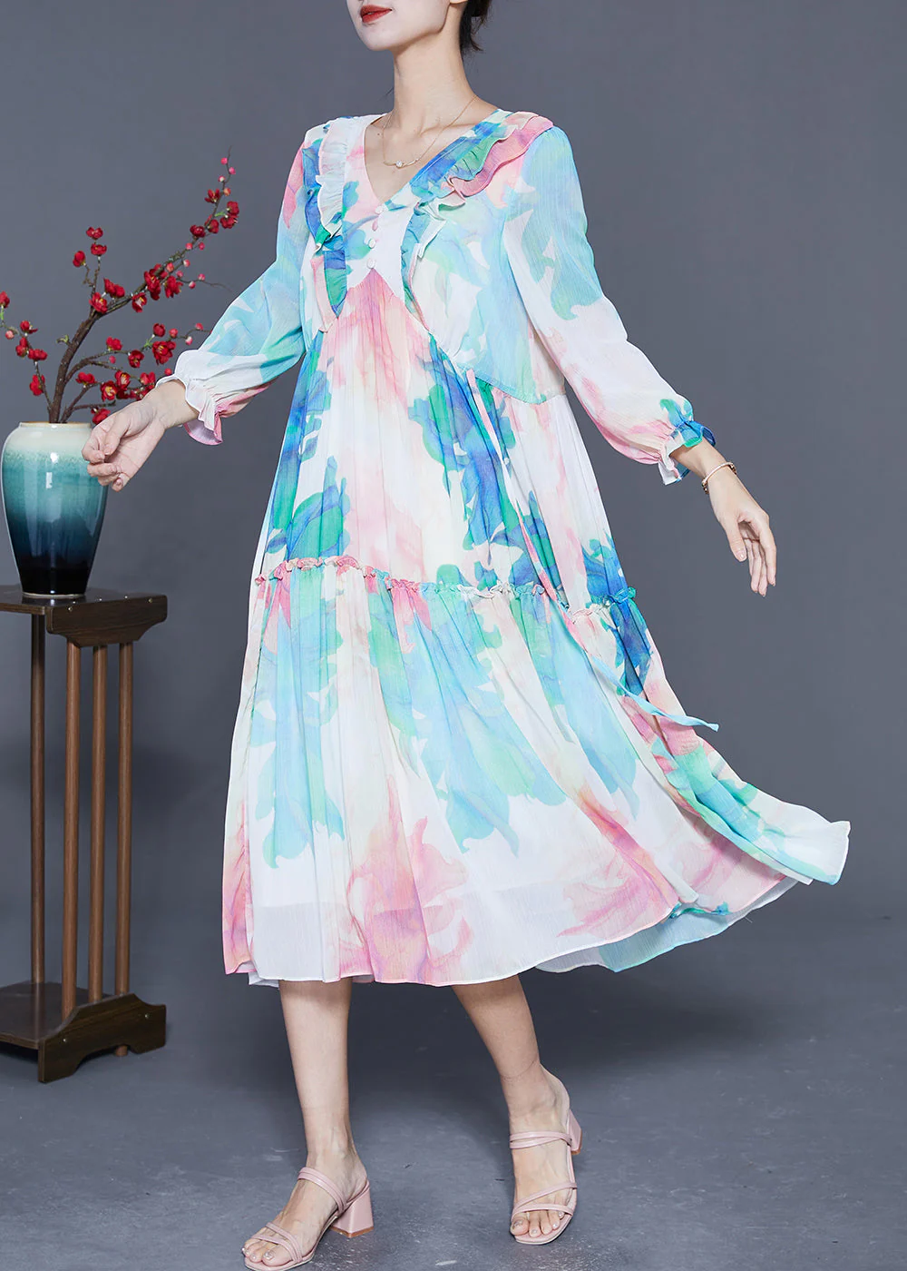 Chic Blue Ruffled Patchwork Print Chiffon Holiday Dresses Summer - Image 3