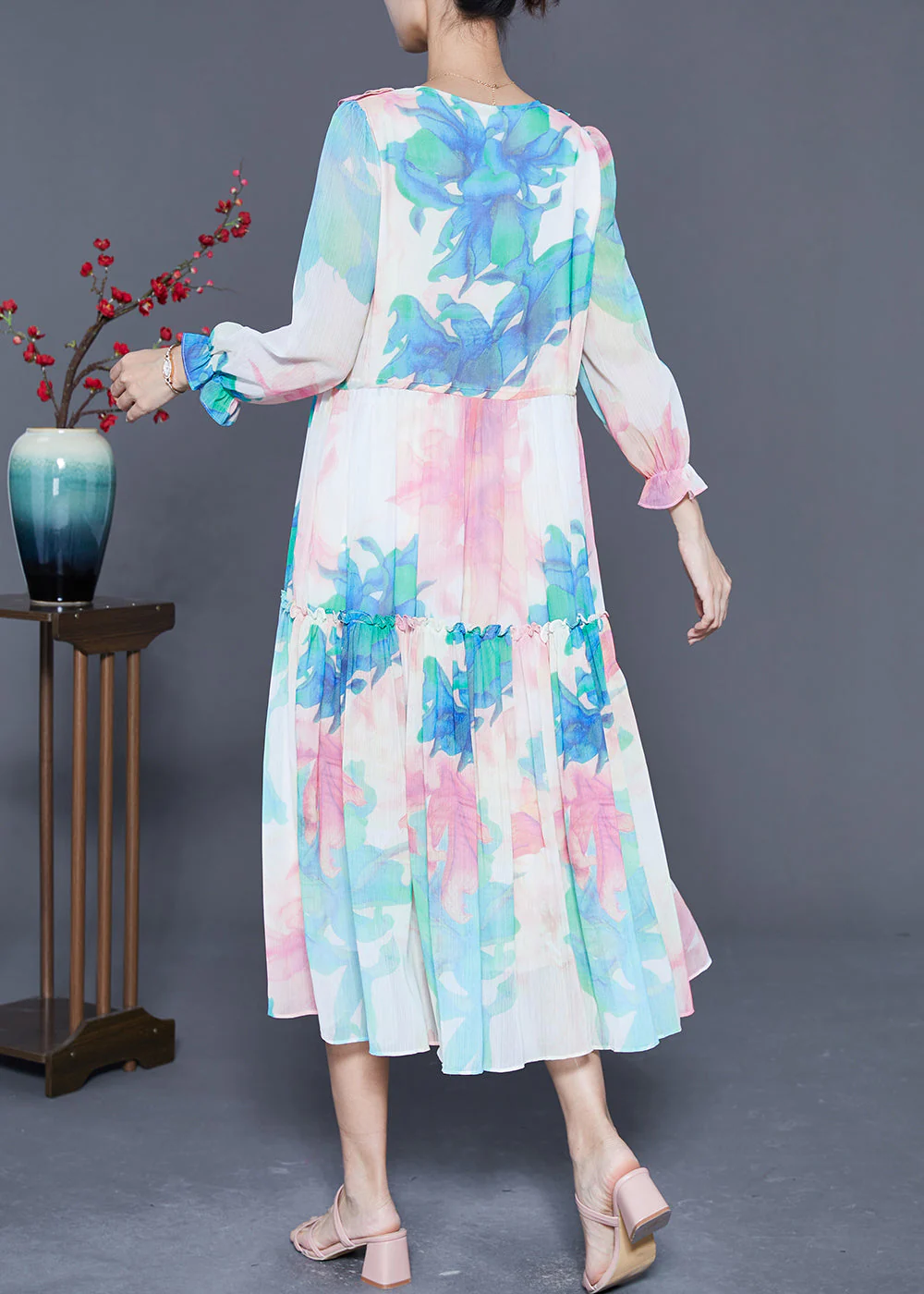 Chic Blue Ruffled Patchwork Print Chiffon Holiday Dresses Summer - Image 4