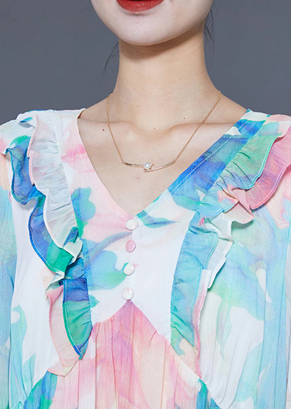 Chic Blue Ruffled Patchwork Print Chiffon Holiday Dresses Summer - Image 5