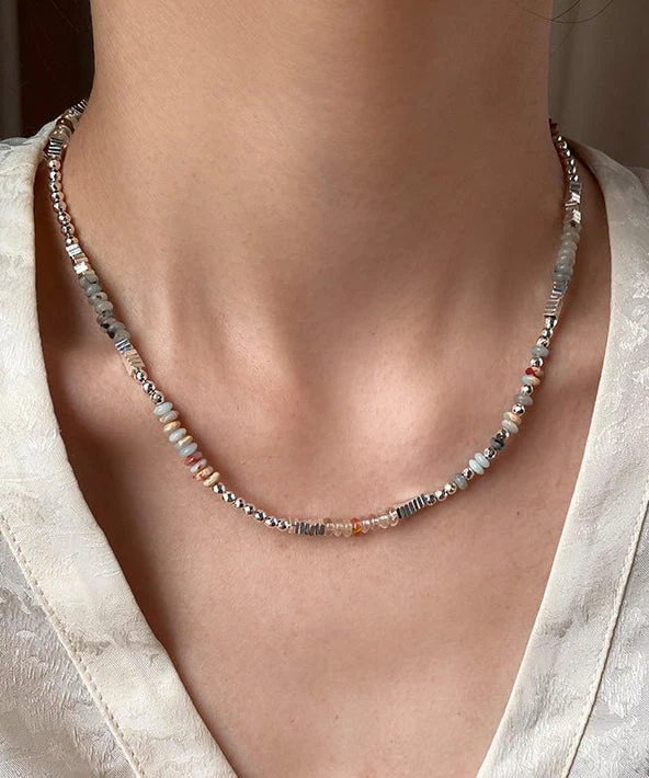 Chic Blue Square Stringing Beads Adjustable Silver Necklace - Image 3