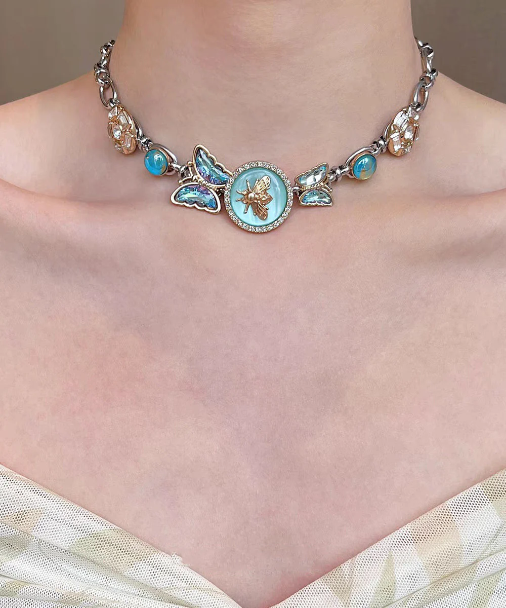 Chic Blue Stainless Steel Crystal Butterfly Beading Pendant Necklace Three-Piece Set - Image 4