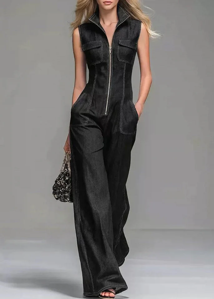 Chic Blue Stand Collar Zip Up Denim Jumpsuits Sleeveless - Image 2