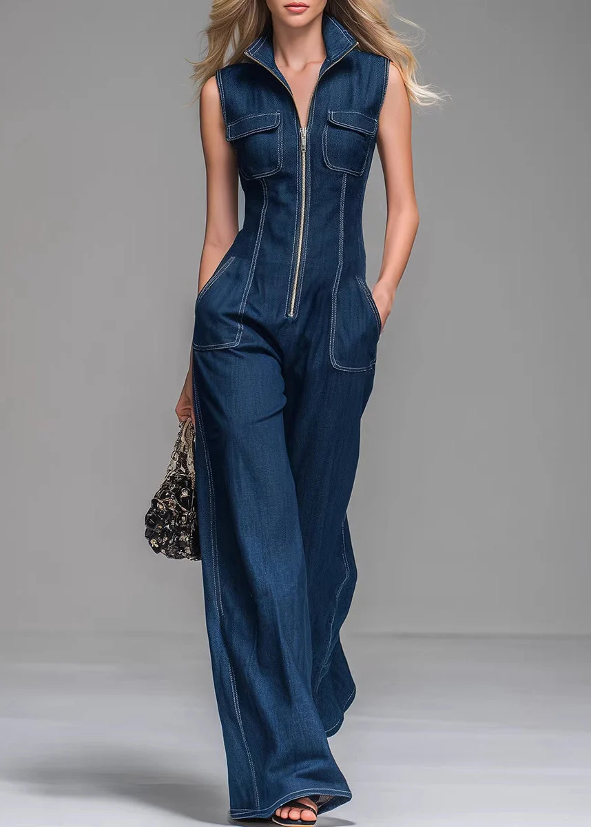 Chic Blue Stand Collar Zip Up Denim Jumpsuits Sleeveless - Image 3