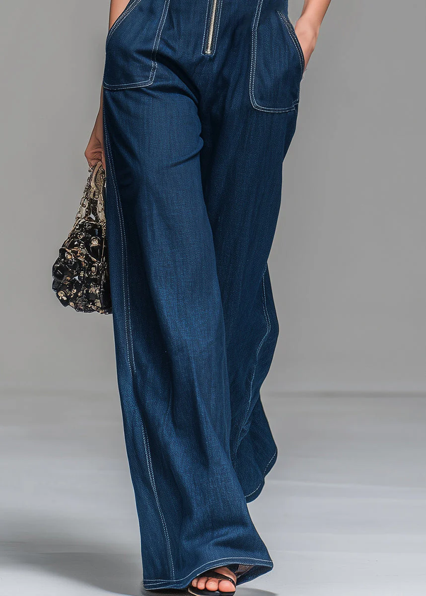 Chic Blue Stand Collar Zip Up Denim Jumpsuits Sleeveless - Image 5