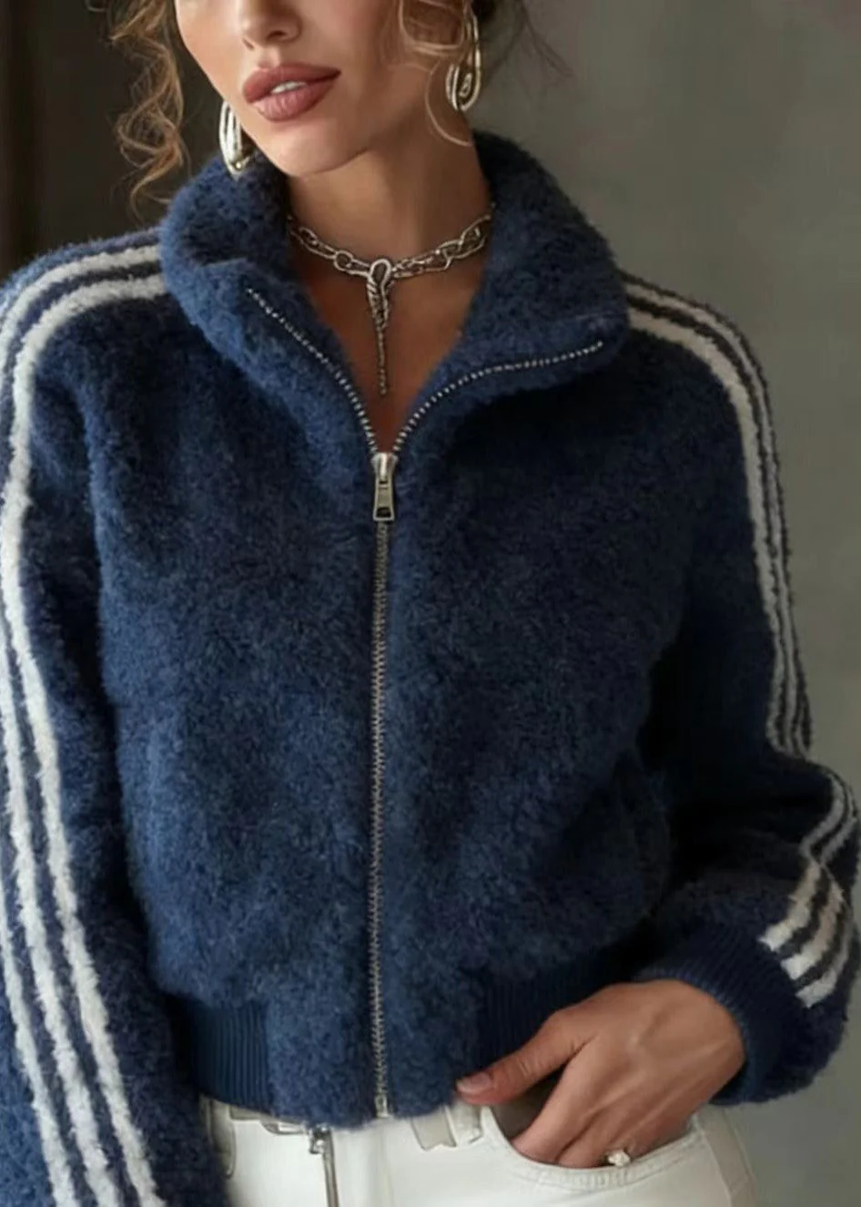 Chic Blue Stand Collar Zip Up Striped Faux Fur Jackets Spring - Image 2