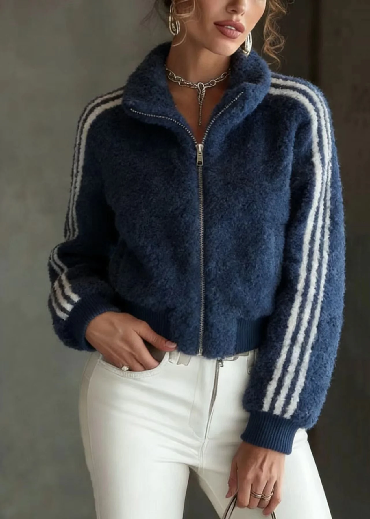 Chic Blue Stand Collar Zip Up Striped Faux Fur Jackets Spring - Image 3
