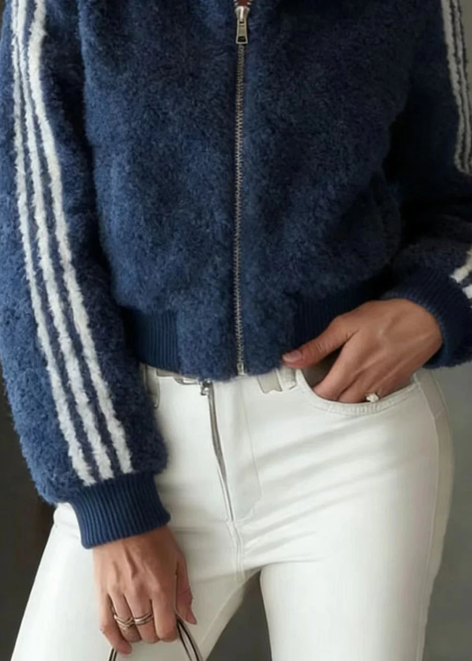 Chic Blue Stand Collar Zip Up Striped Faux Fur Jackets Spring - Image 4