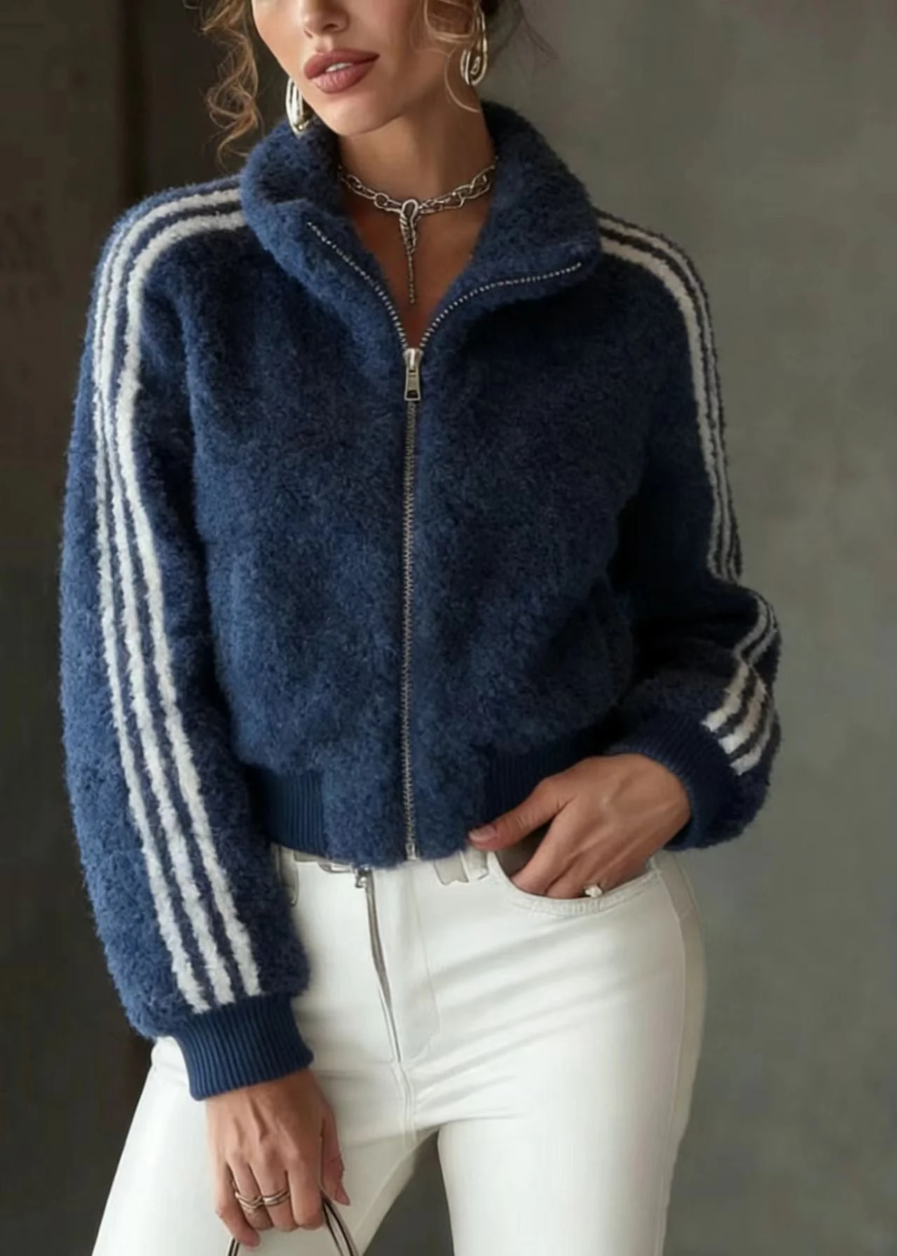 Chic Blue Stand Collar Zip Up Striped Faux Fur Jackets Spring - Image 5