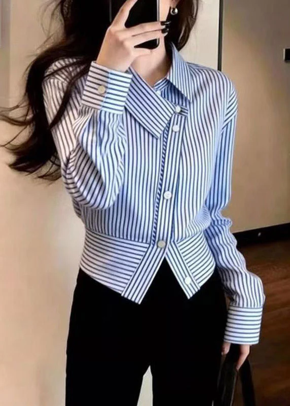 Chic Blue Striped Peter Pan Collar Button Shirt Spring